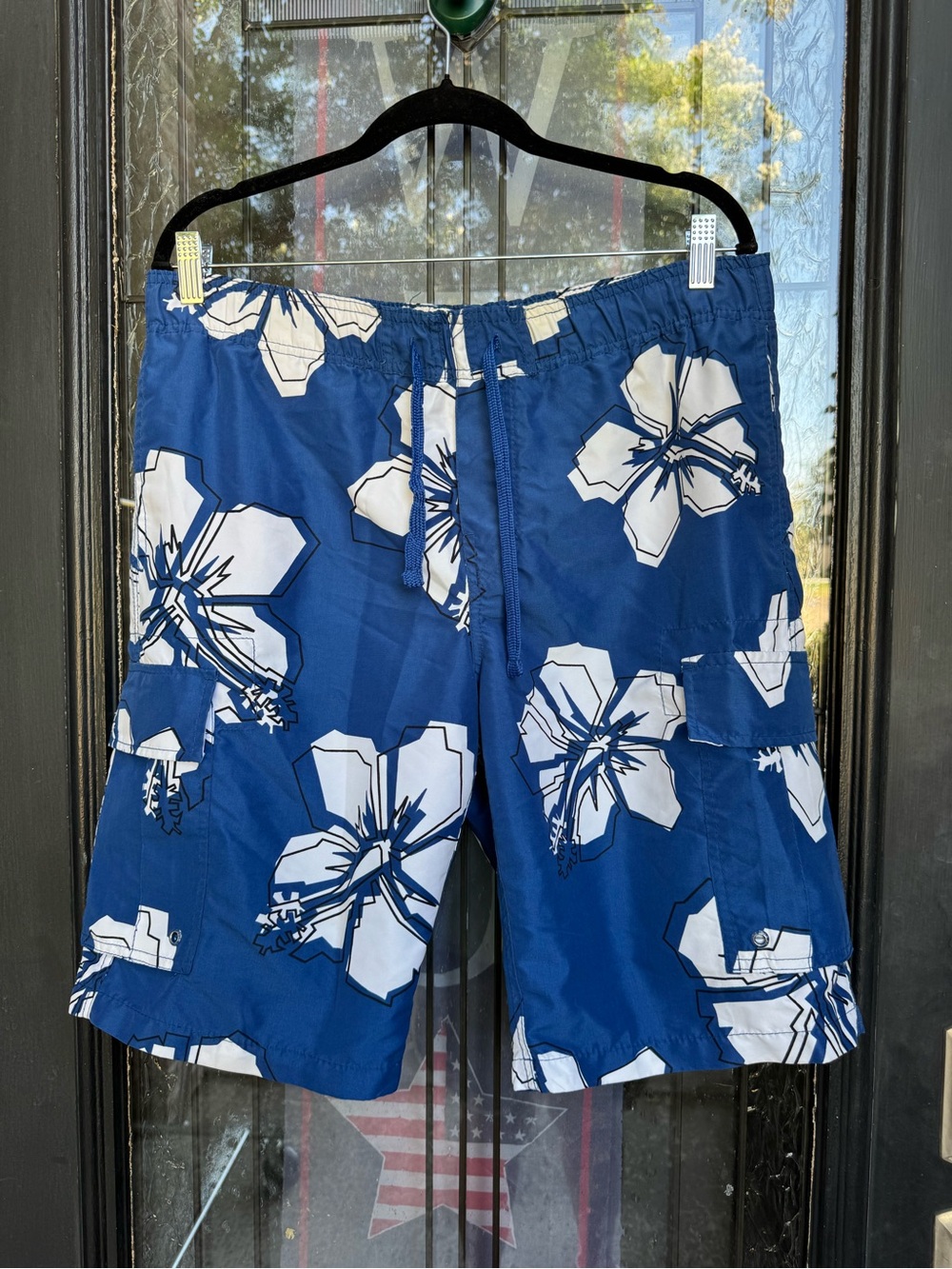 Arizona Jean Co. Vintage Y2K Blue Hibiscus Cargo Swim Trunks Mesh Liner -Small